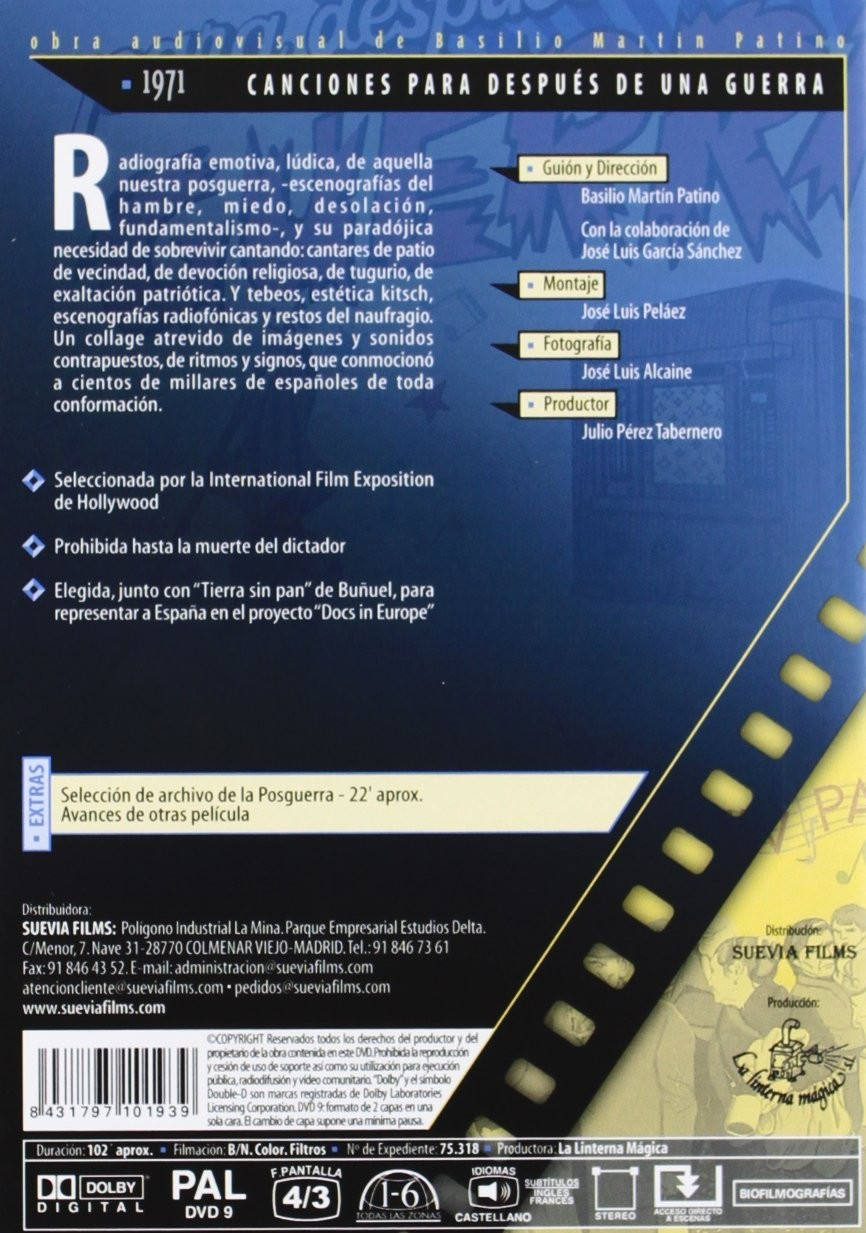 Contraportada del DVD 'Canciones para después de una guerra' con texto, créditos y un gráfico de película.