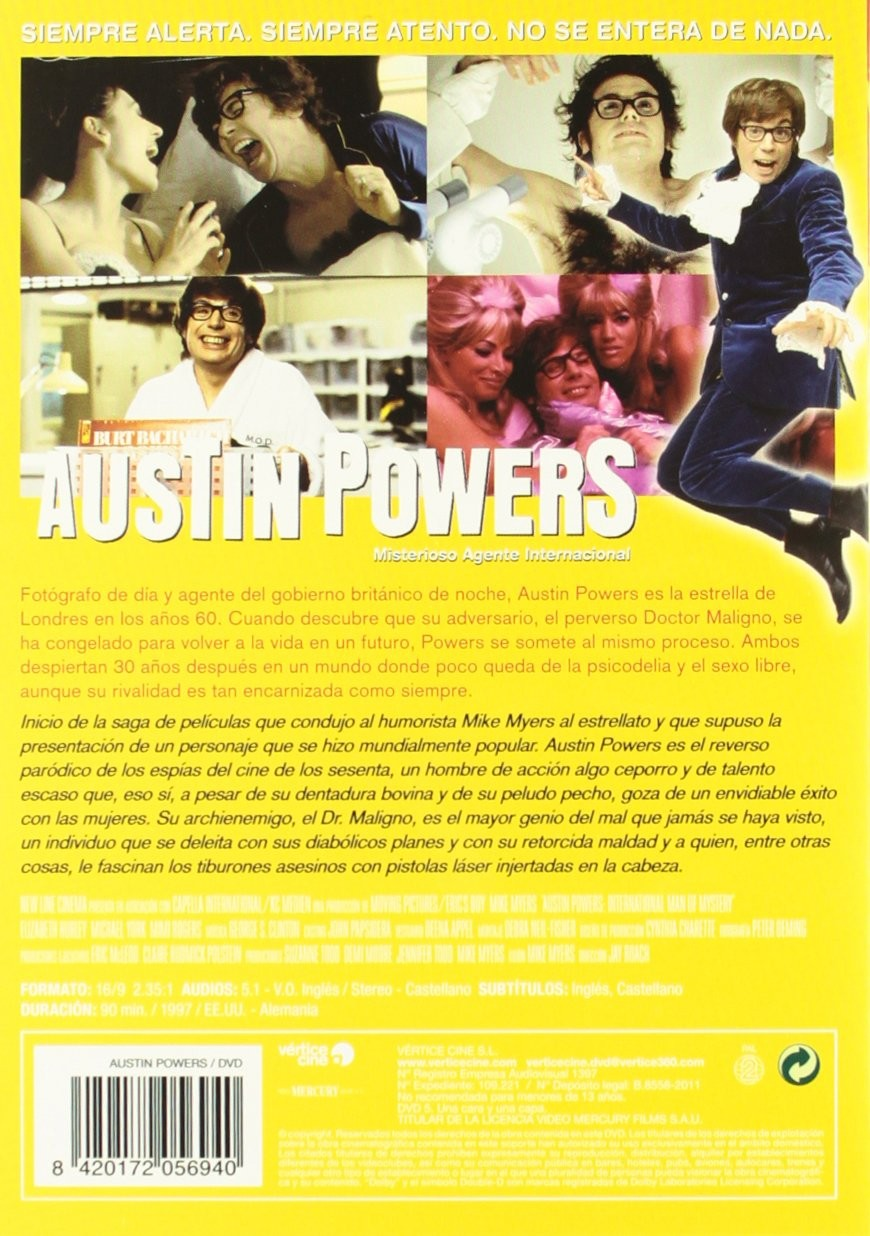 Contraportada de DVD de Austin Powers con fotogramas, sinopsis y código de barras en fondo amarillo.