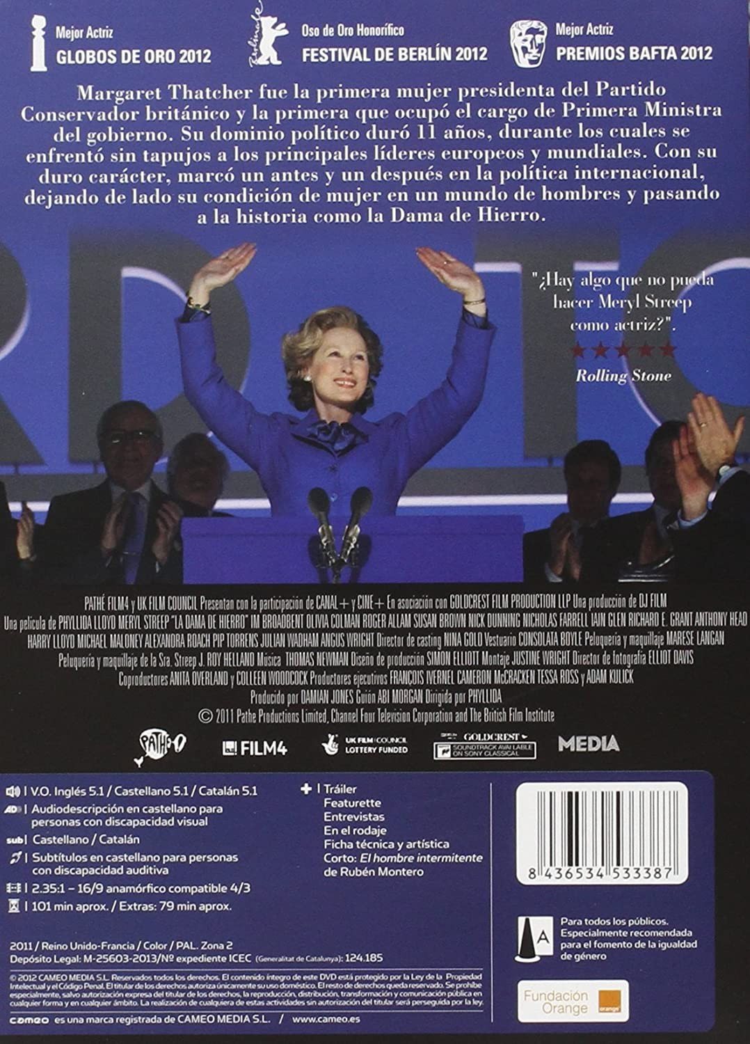 Contraportada de DVD con Meryl Streep en chaqueta azul levantando los brazos, rodeada de texto y logos.