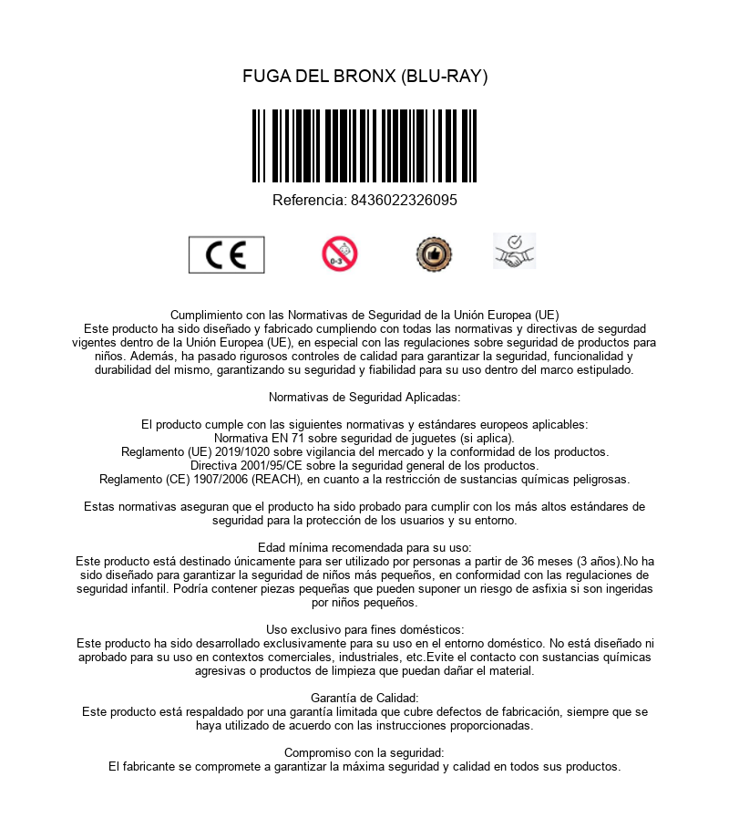 Hoja de información del producto con código de barras, marca CE y normativa de seguridad.