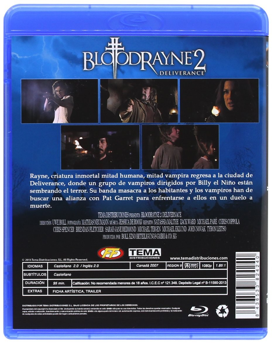 Contraportada de la funda Blu-ray de BloodRayne 2 Deliverance con fotogramas, sinopsis y detalles técnicos.