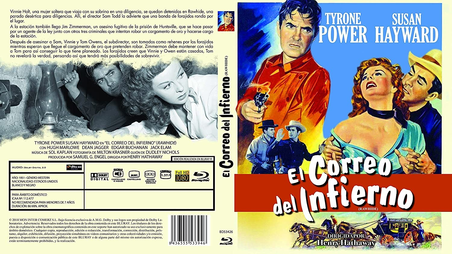Cartel de cine del western con Tyrone Power y Susan Hayward, titulado El Correo del Infierno, con personajes y diligencia.