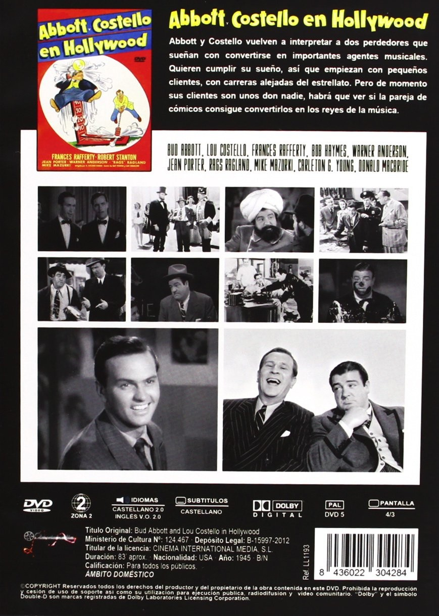 Carátula del DVD de Abbott y Costello en Hollywood con fotogramas, texto y código de barras.