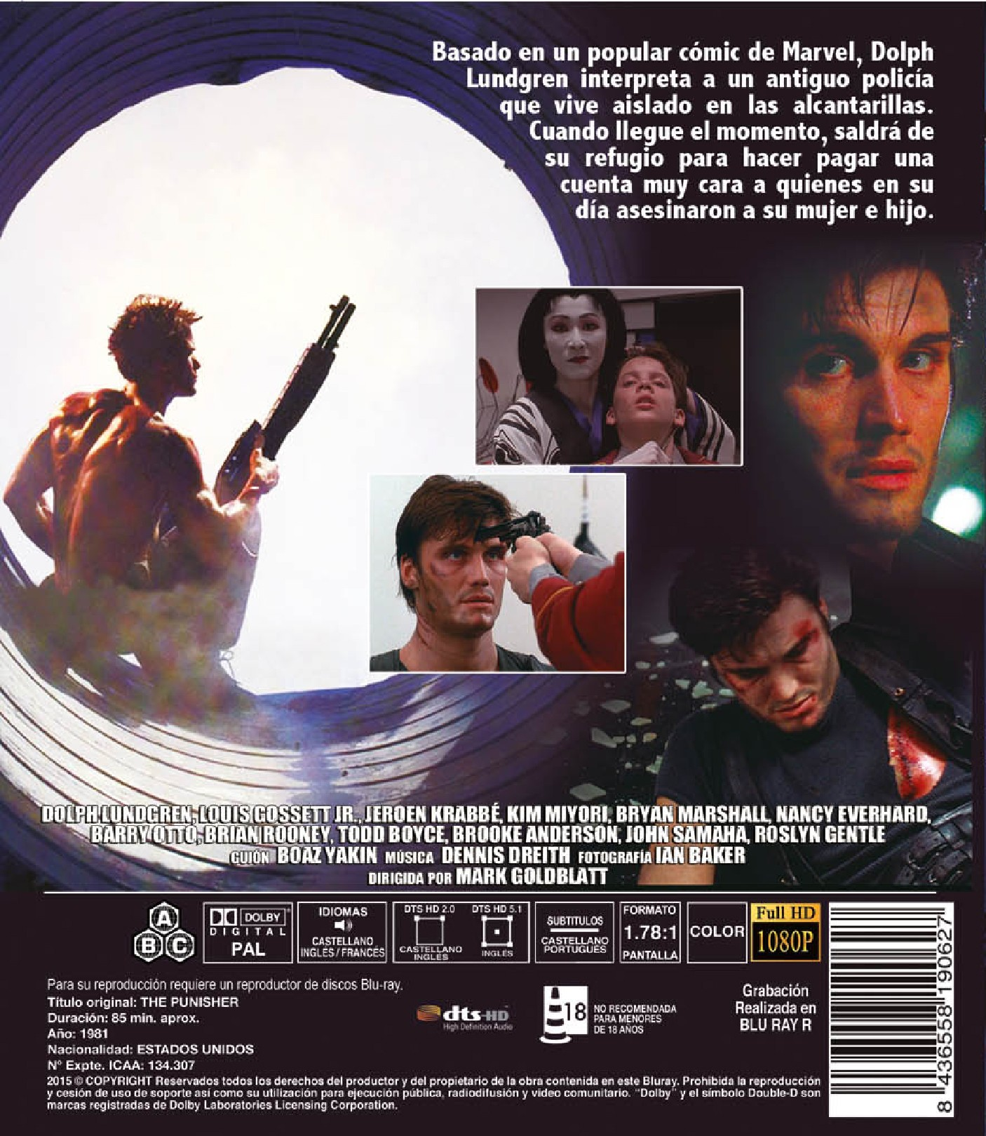 Carátula del DVD de The Punisher con Dolph Lundgren y escenas de la película.