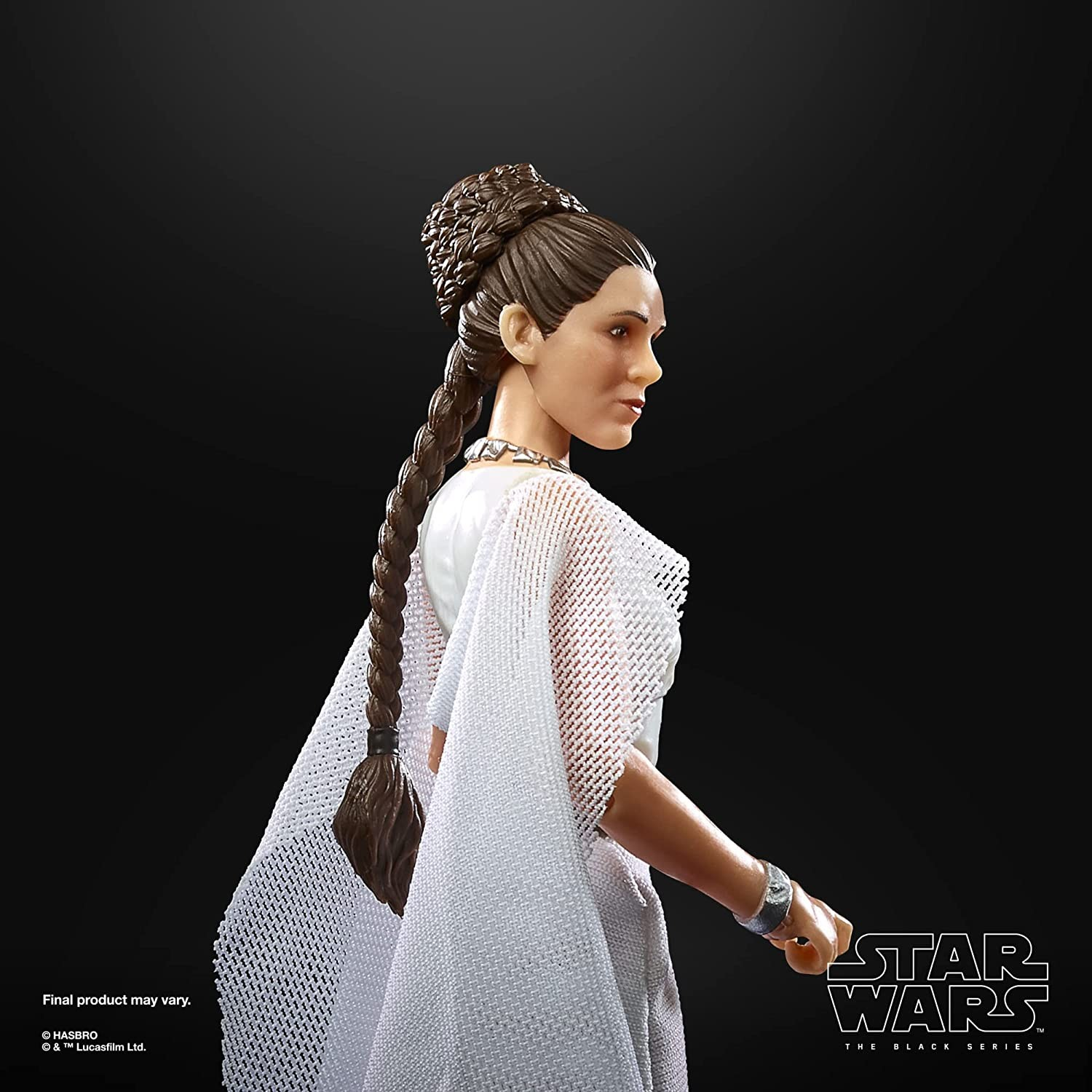 Una figura de acción detallada de la princesa Leia de Star Wars con un vestido blanco y peinado trenzado.