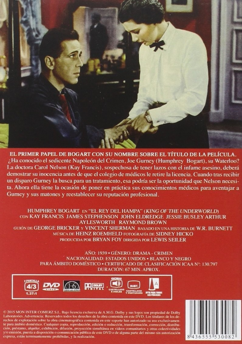 Carátula de DVD de King of the Underworld con Bogart y texto en rojo.
