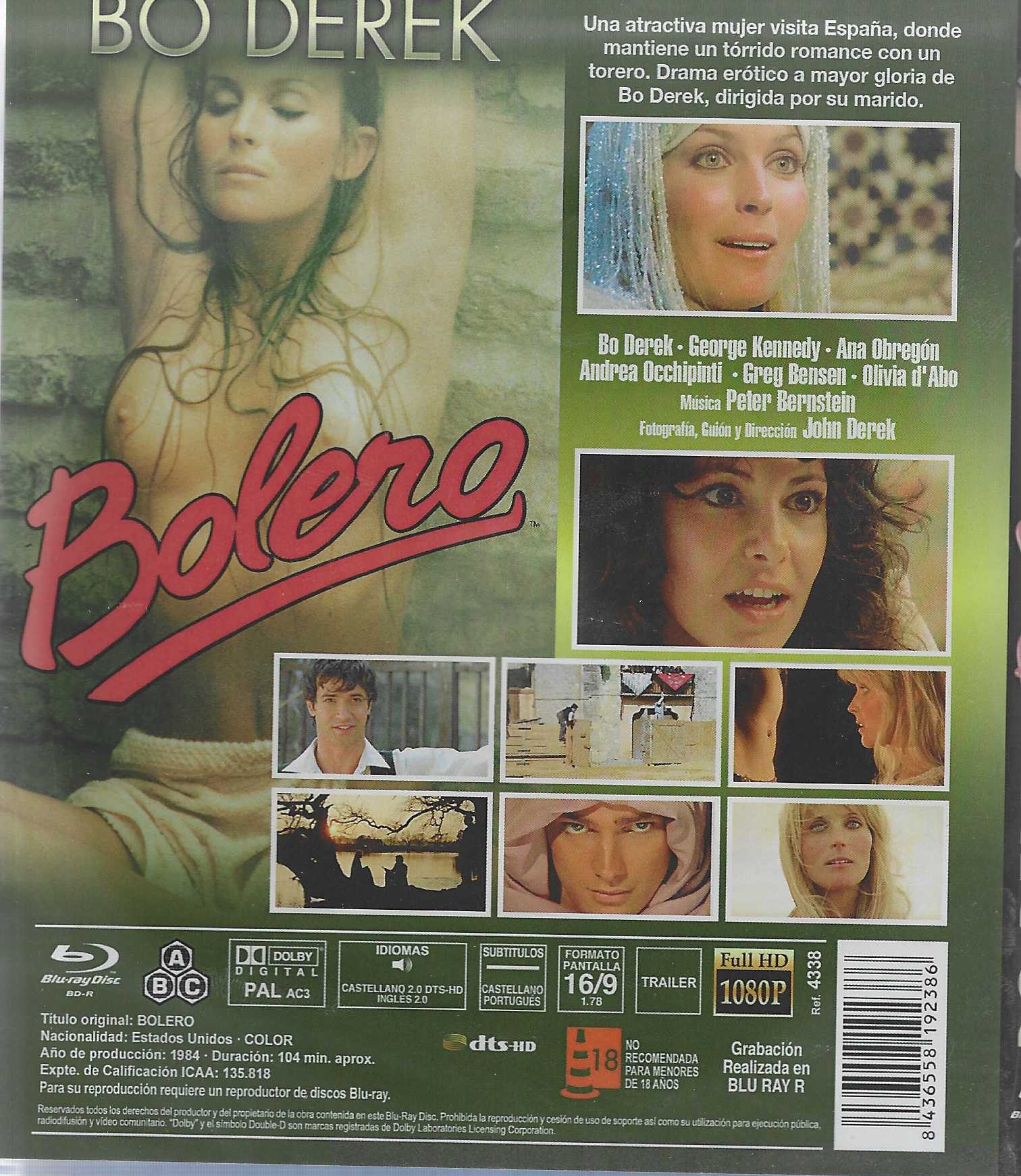 Contraportada de la caja Blu-ray de Bolero con imágenes, texto y detalles técnicos.