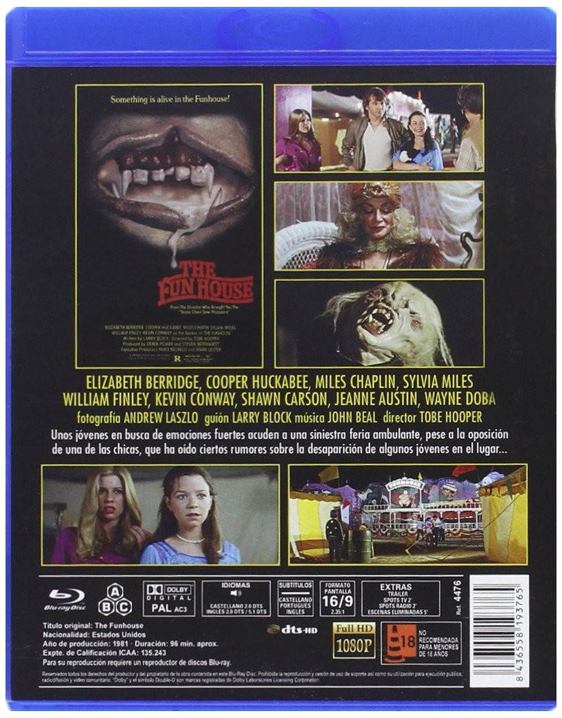 Contraportada de la caja Blu-ray de la película de terror The Funhouse con fotogramas y texto.