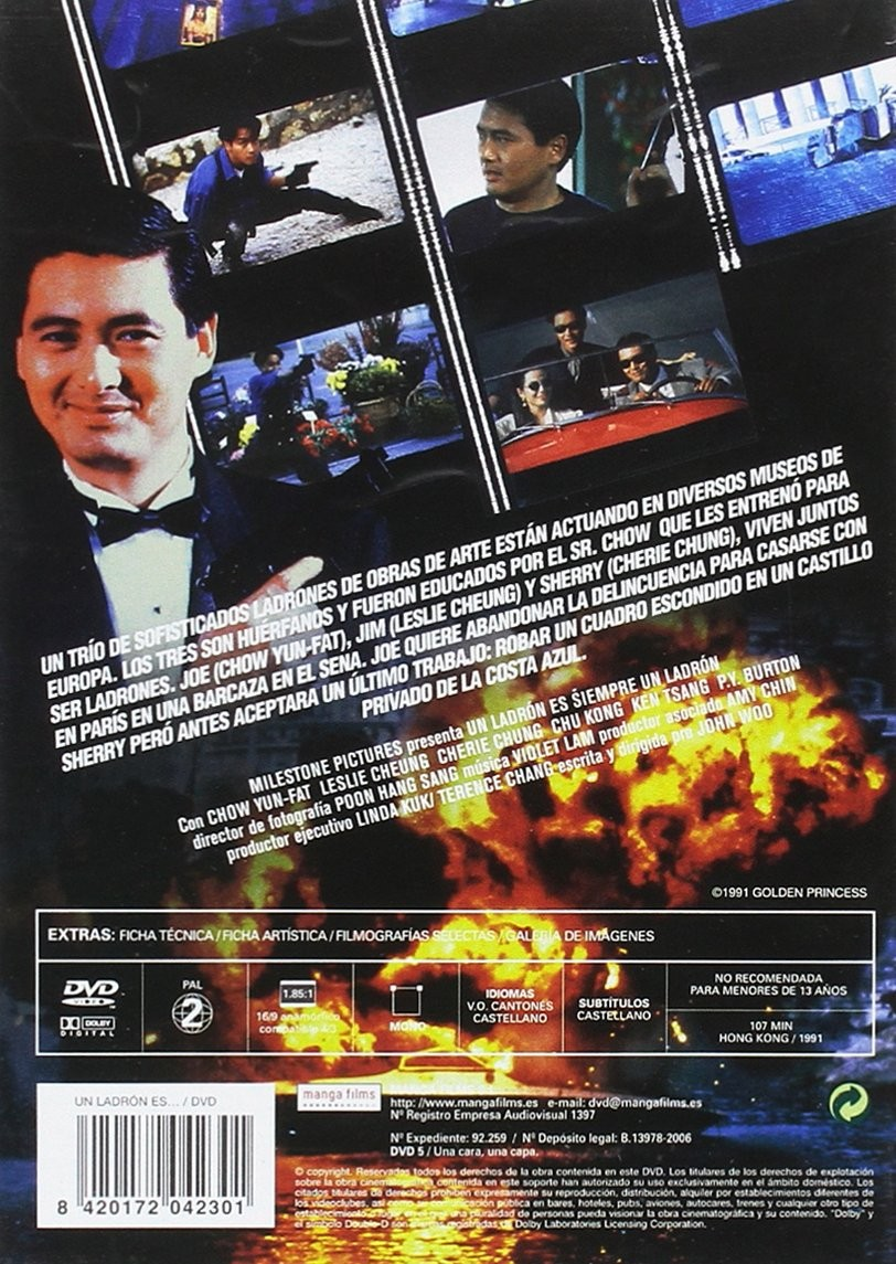 Caratula de DVD de The Killer con Chow Yun-Fat, fotogramas, texto en español, una explosion y un codigo de barras.