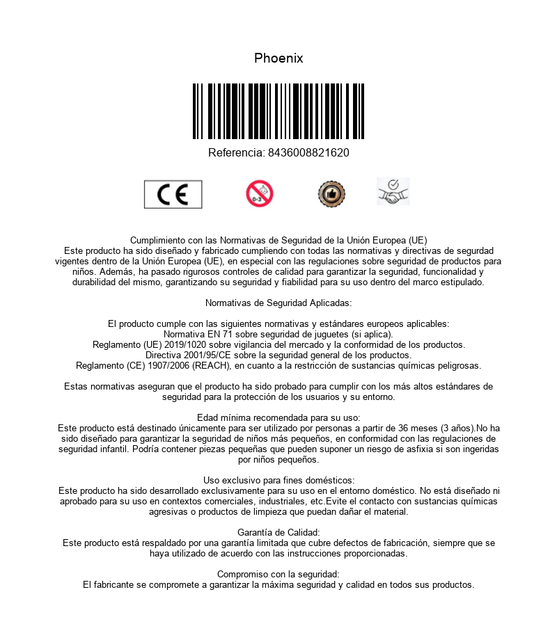 Información de producto con título Phoenix, código de barras, marca CE y texto sobre normativas de seguridad de la UE.