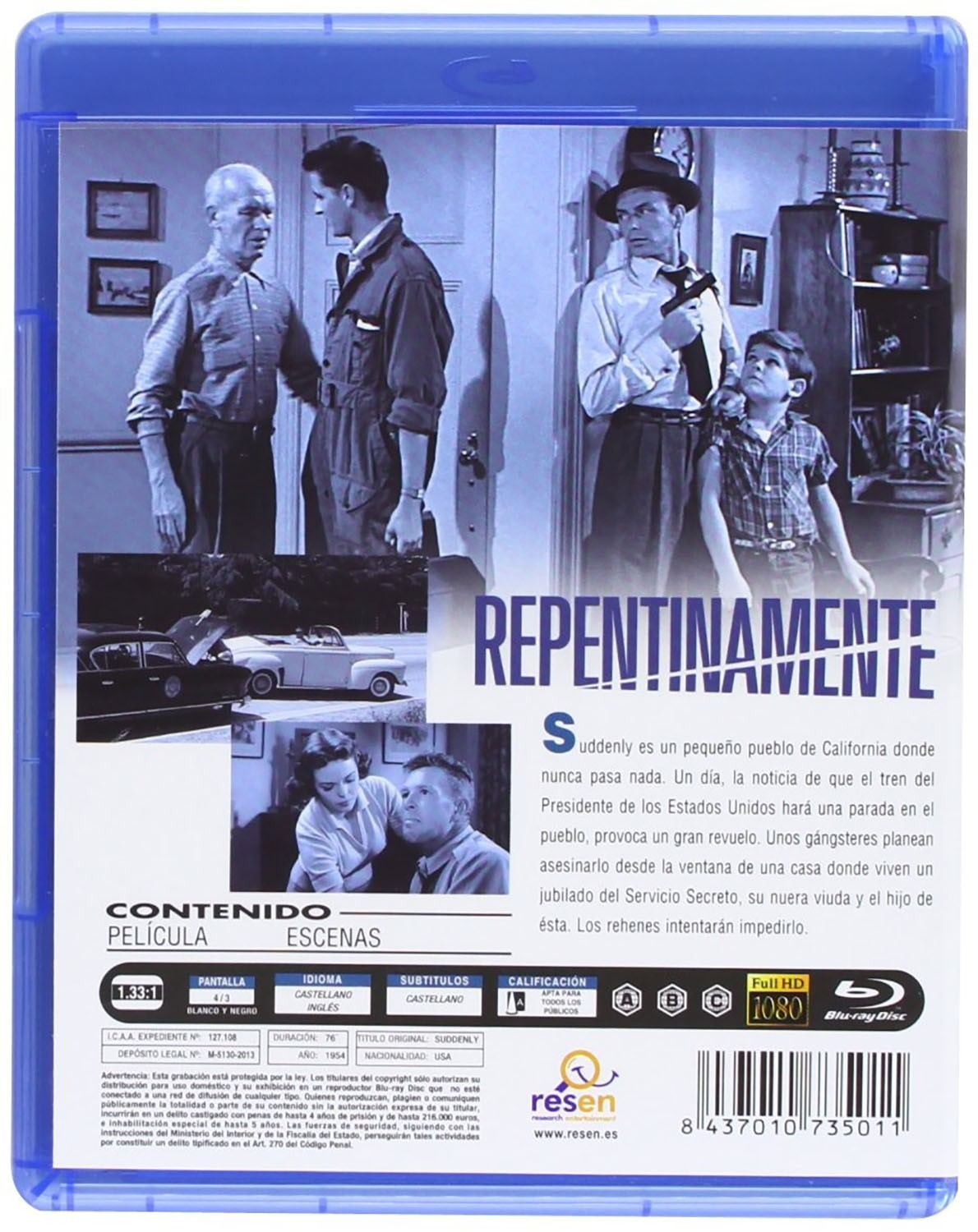 Caratula de Blu-ray de Suddenly con fotogramas en blanco y negro y sinopsis en la parte trasera.