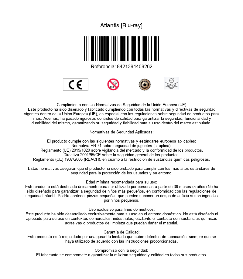 Información del producto con código de barras, marca CE y texto de seguridad en español.
