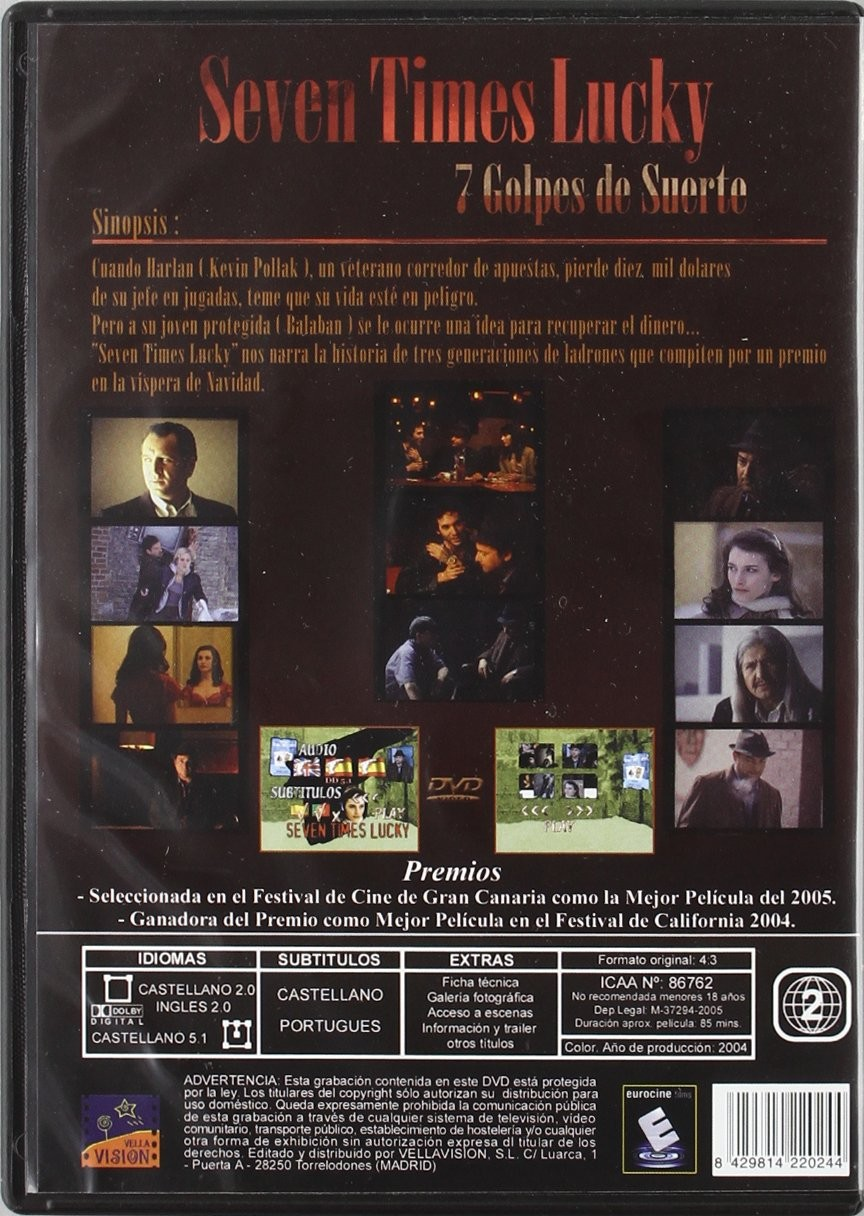 Contraportada de DVD de Seven Times Lucky con fotogramas, sinopsis y detalles del reparto.