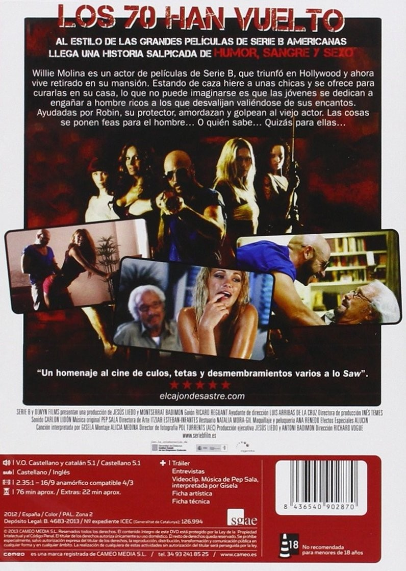 Contraportada de DVD con fotogramas, texto y código de barras sobre fondo rojo.