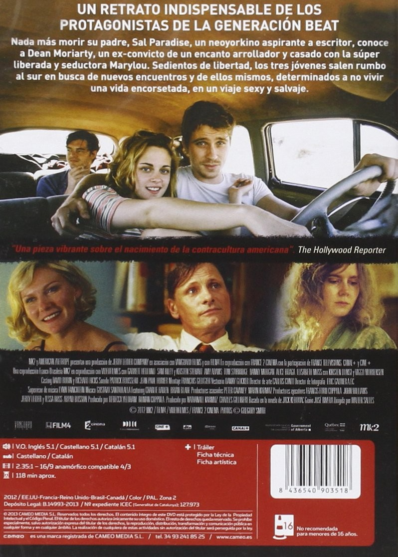 Contraportada de DVD de On the Road con escenas de películas, texto y código de barras.