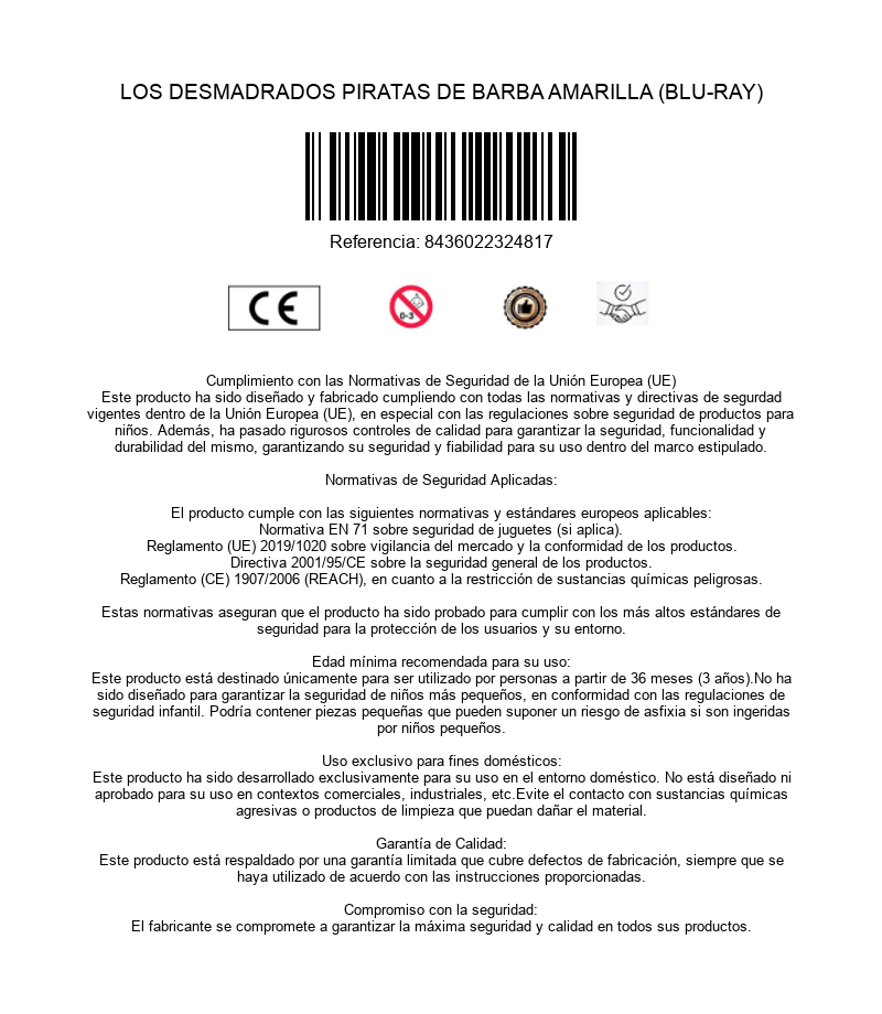 Documento de información del producto con marca CE, código de barras y normas de seguridad de la UE.