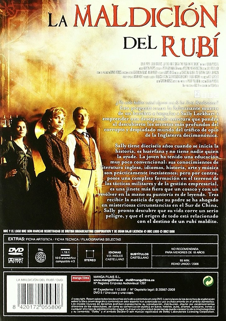 Carátula de DVD de La maldición del Rubí con tres personajes y texto sobre fondo marrón amarillento.