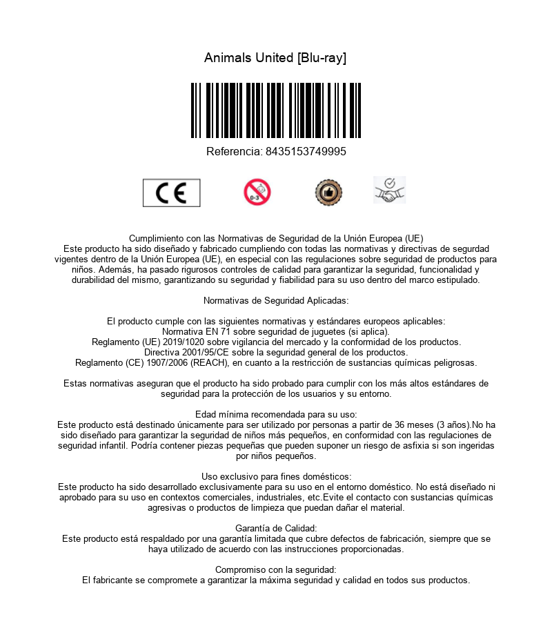 Detalles de cumplimiento del Blu-ray Animals United con código de barras, marca CE, iconos y texto en español.