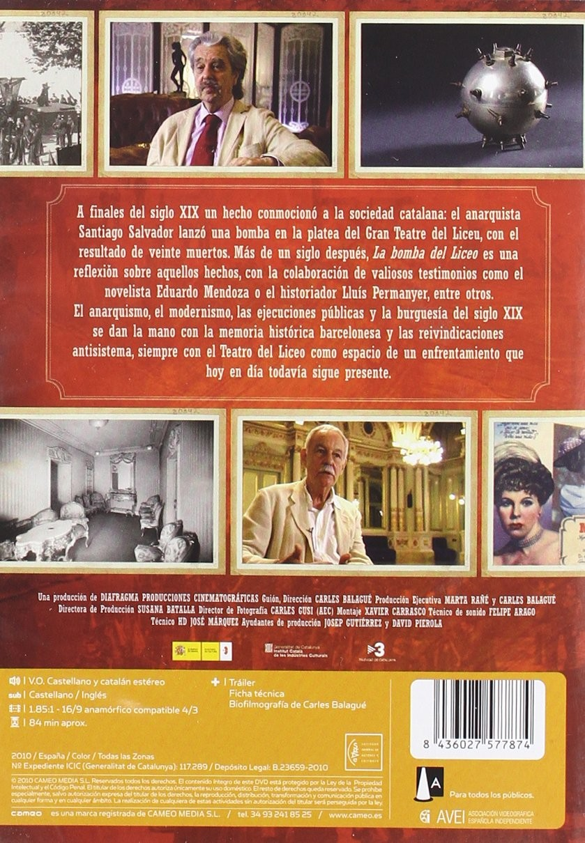 Carátula de DVD de 'La bomba del Liceu' con fotos históricas y texto.