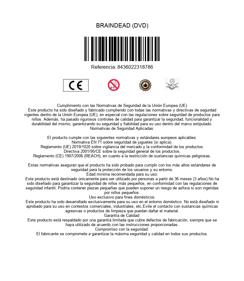 Etiqueta de cumplimiento de producto DVD BRAINDEAD con código de barras, marca CE, iconos y texto en español.