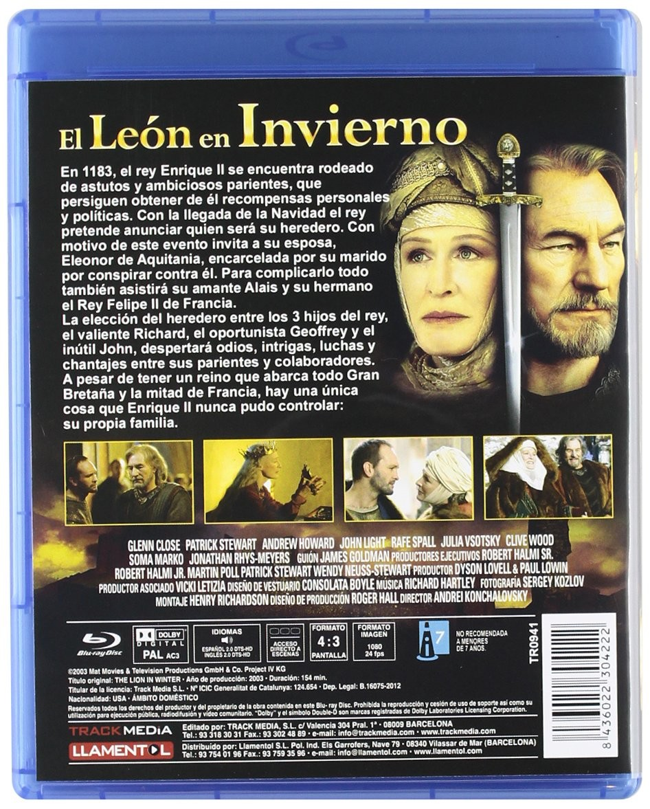 Contraportada del Blu-ray de El león en invierno con reparto, fotogramas y sinopsis.
