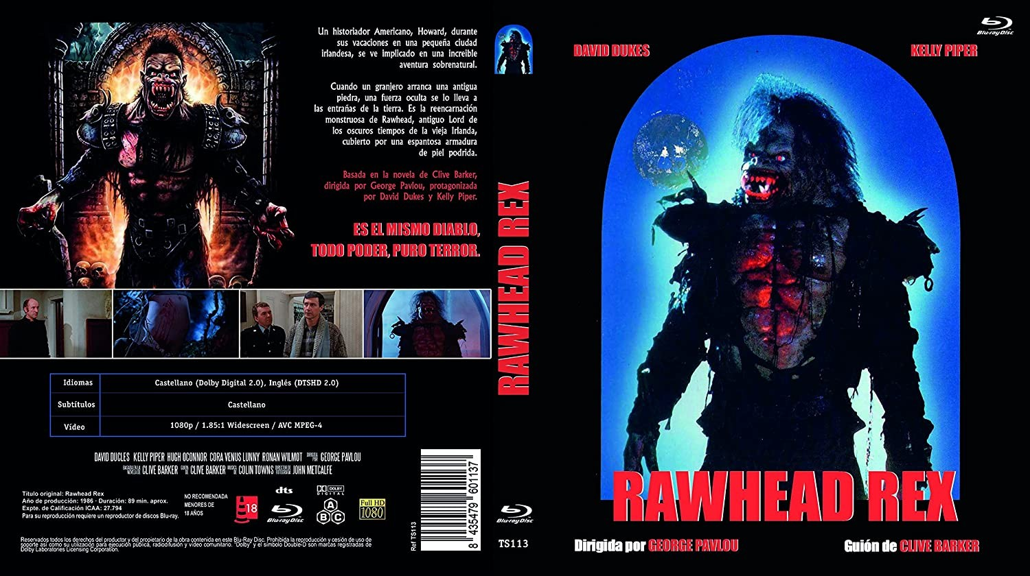 Carátula de Blu-ray de Rawhead Rex con un monstruo amenazante sobre fondo azul y escenas.