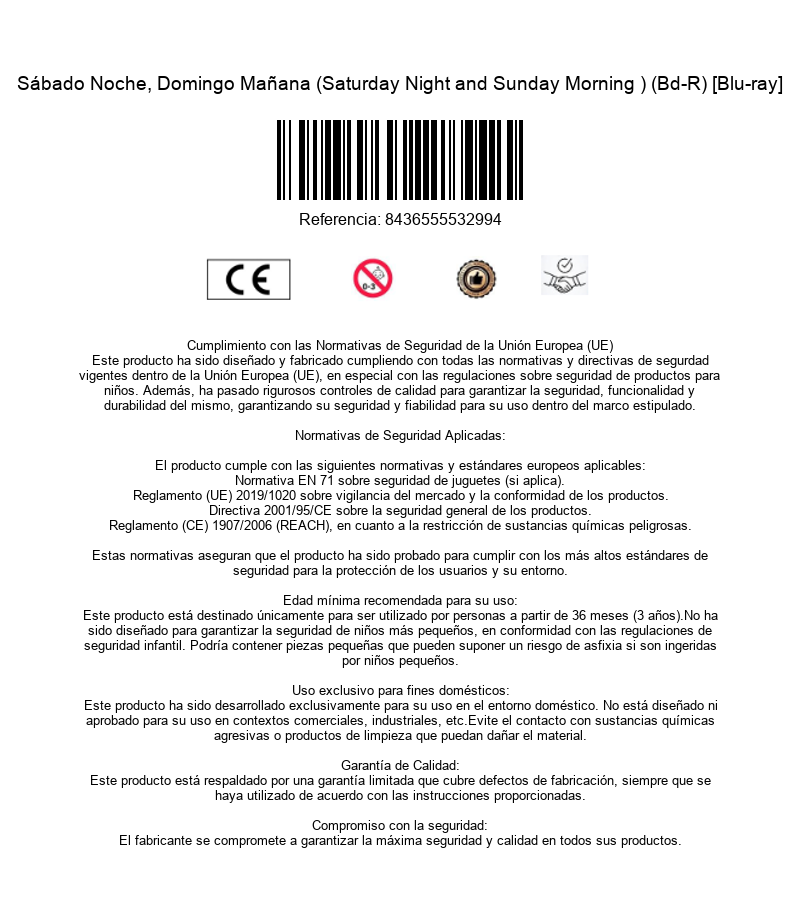 Información de producto con código de barras, marcado CE, símbolos de advertencia y normativas de la UE.