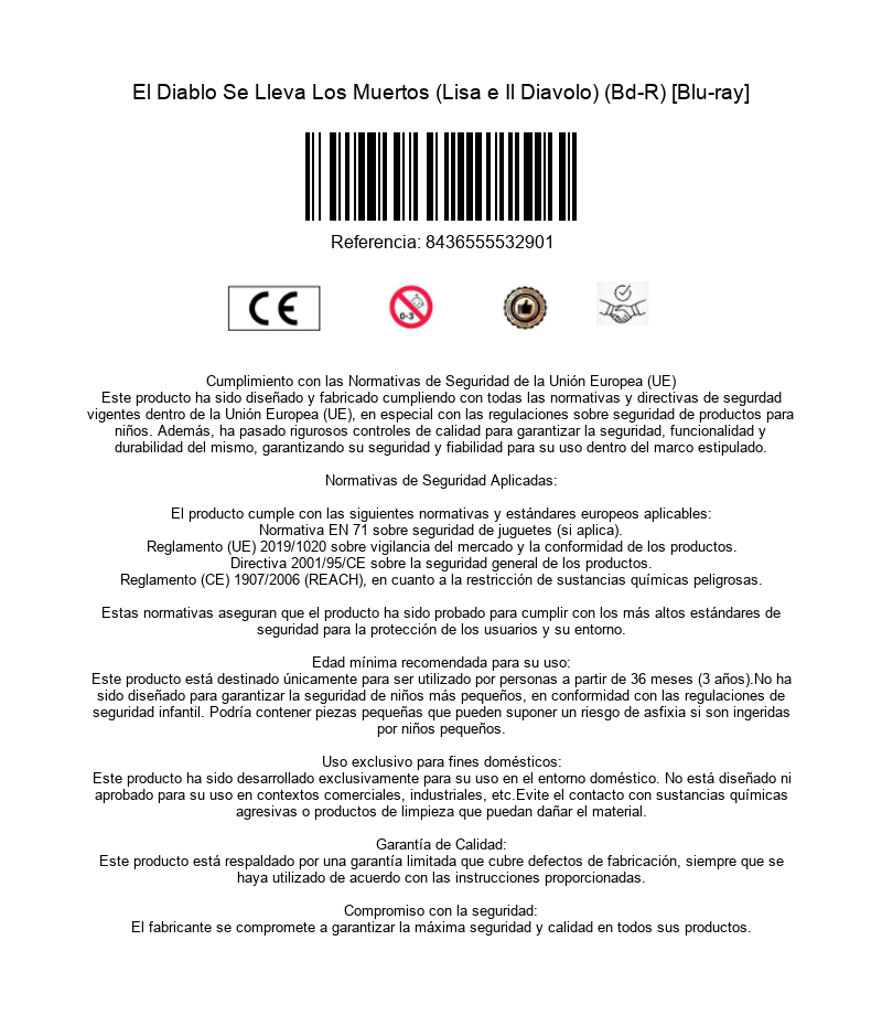 Información de producto con marca CE, código de barras y texto sobre normativas de seguridad de la UE.