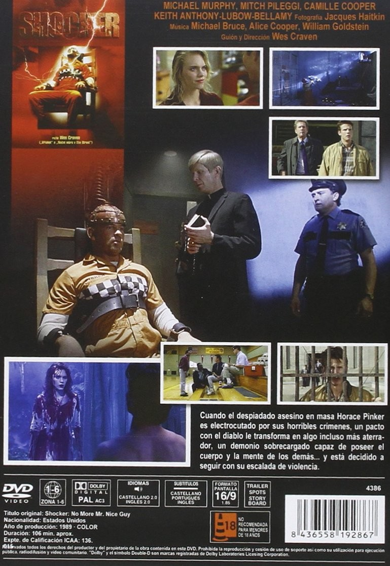 Contraportada del DVD de la película de terror Shocker con fotogramas, sinopsis y créditos.