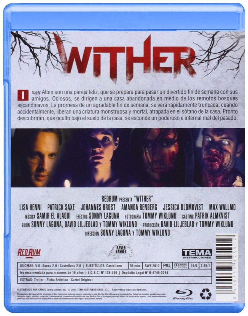 Contraportada del Blu-ray de terror Wither, que muestra detalles del reparto, sinopsis y fotogramas.