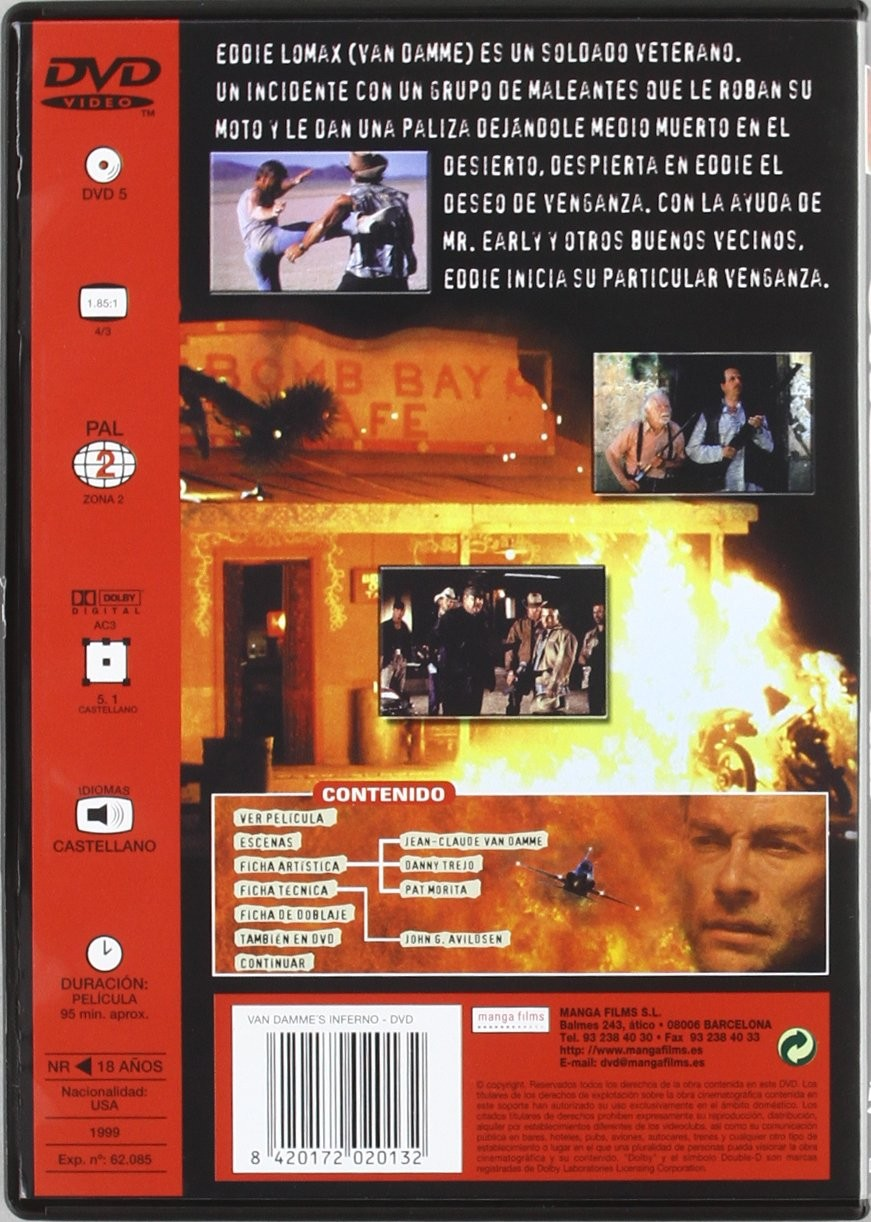 Contraportada de DVD con sinopsis, fotogramas, reparto, datos técnicos y código de barras en rojo y negro.