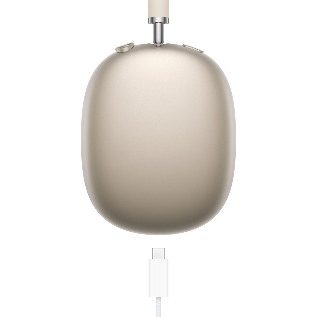 Goldene Over-Ear-Kopfhörer mit einem weißen USB-C-Ladekabel darunter vor weißem Hintergrund.