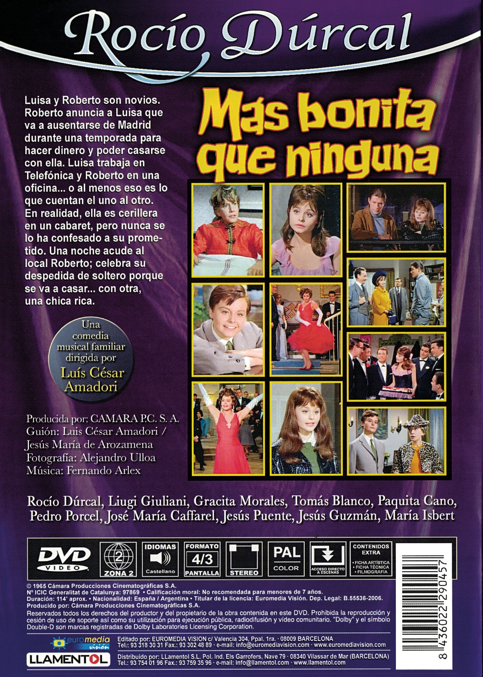 Contraportada del DVD de Mas bonita que ninguna con Rocio Durcal, fotos de la película, texto y detalles técnicos.