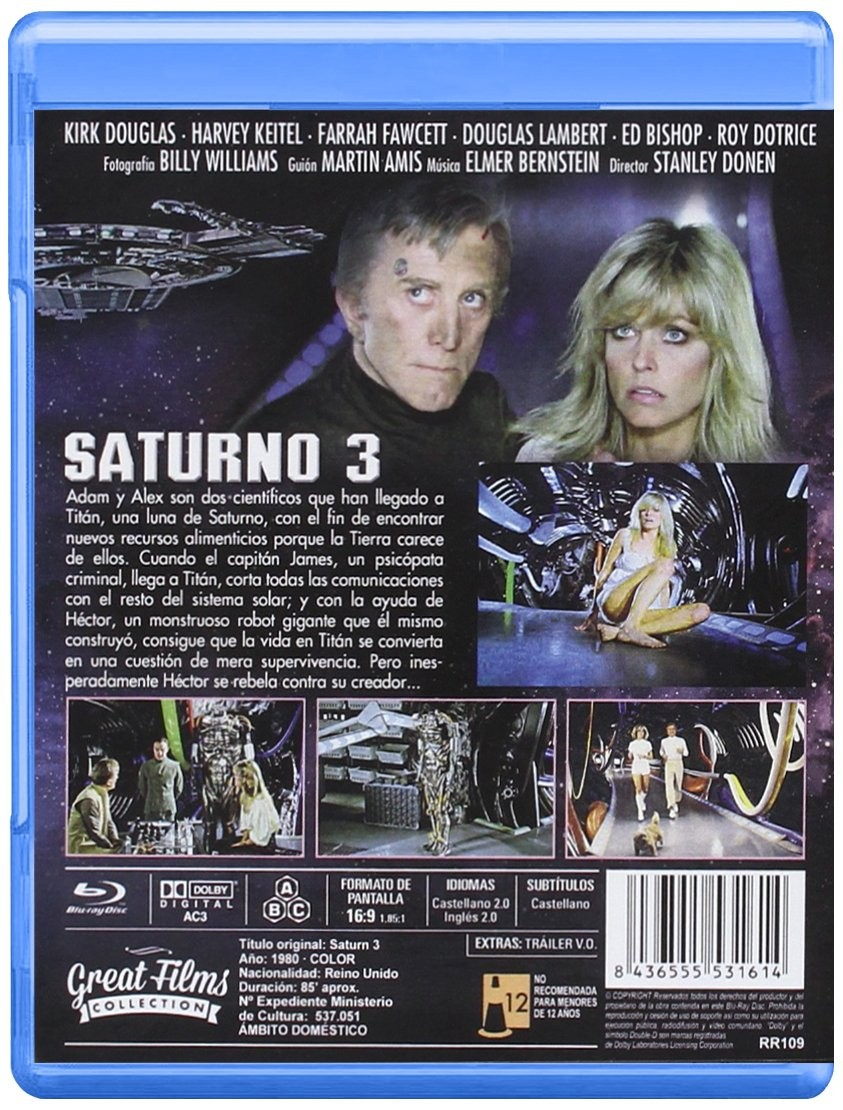 Contraportada del Blu-ray de Saturno 3 con fotogramas, reparto, sinopsis y código de barras.