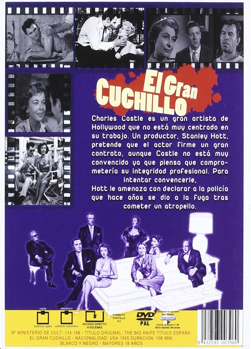 Carátula de DVD de El Gran Cuchillo con fotogramas, sinopsis en español, reparto e info inferior.