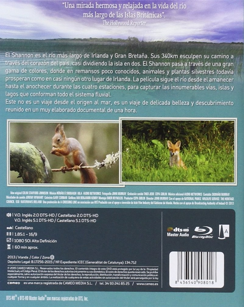 Contraportada de DVD sobre el río Shannon con texto, una ardilla roja y un zorro.