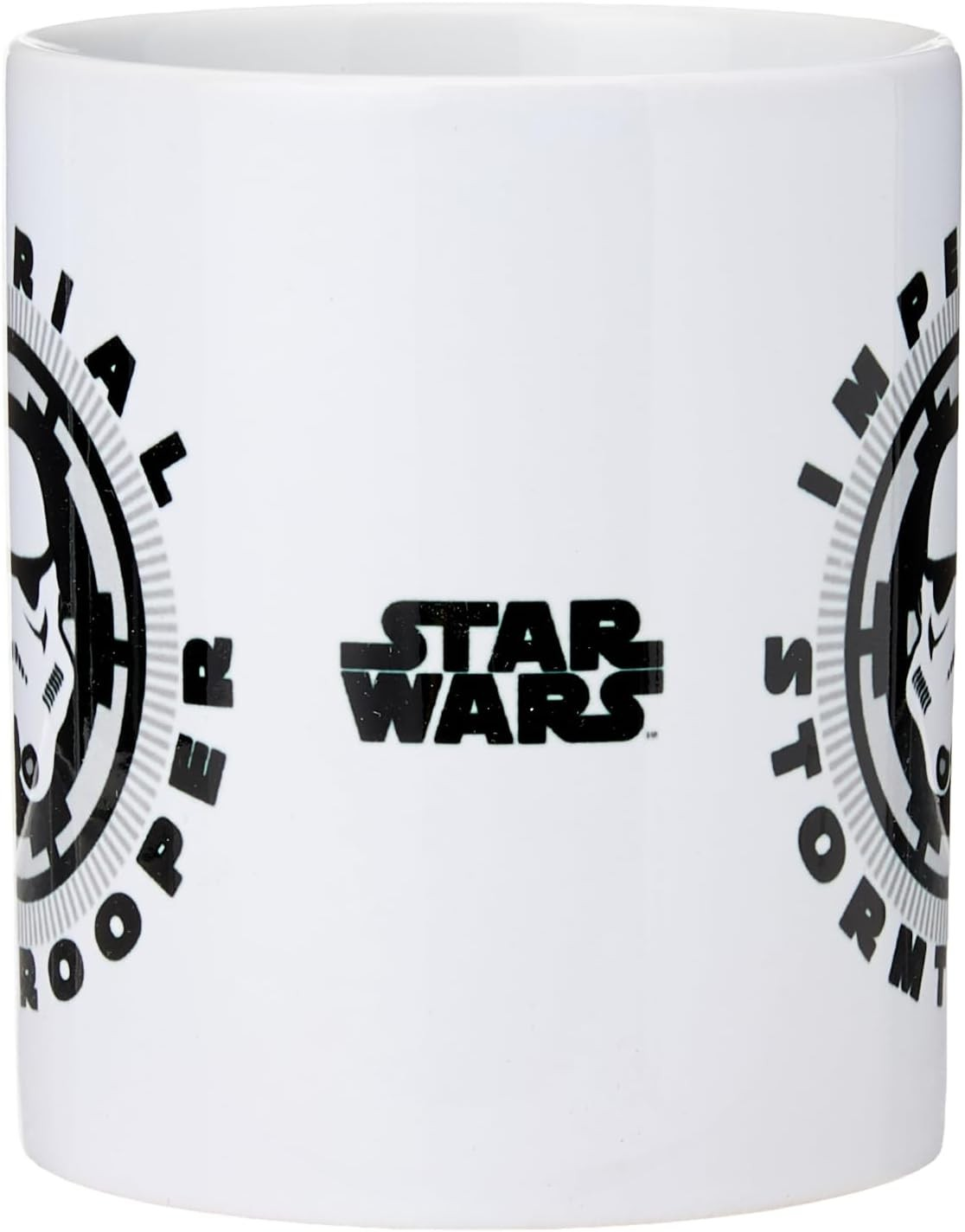 Taza blanca de Star Wars con gráfico de Stormtrooper negro y logo.