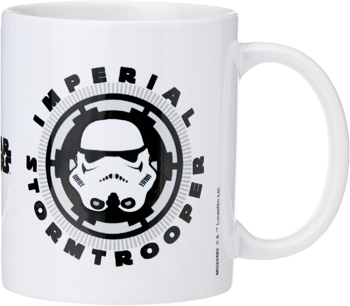 Una taza blanca con un logotipo negro de Imperial Stormtrooper y texto sobre fondo neutro.