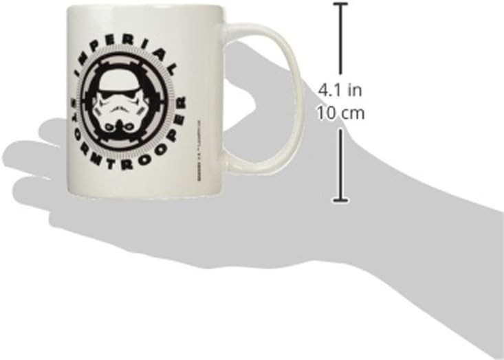 Taza blanca con el logotipo de Imperial Stormtrooper y una altura de 4.1 pulgadas o 10 cm.