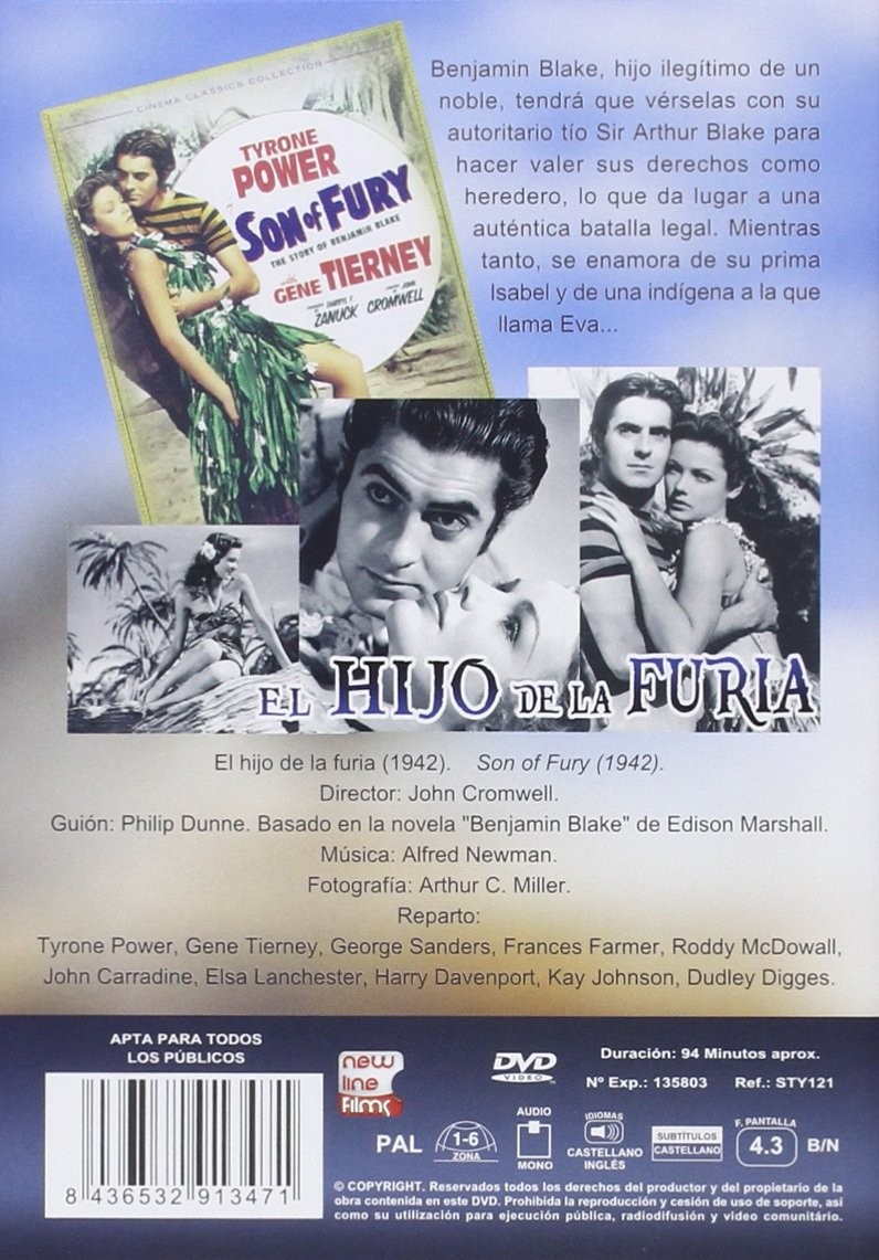 Contraportada de DVD de El hijo de la furia con fotogramas, sinopsis en español, reparto y detalles técnicos.