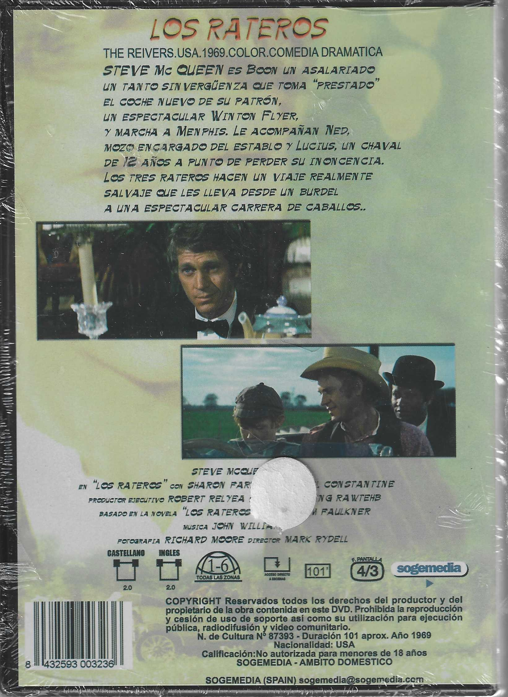 Contraportada de un DVD de la película 'Los rateros' con texto en español y fotos de escenas.