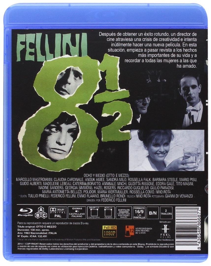 Contraportada del Blu-ray 8 1/2 con título verde, fotogramas, reparto y detalles en caja azul.