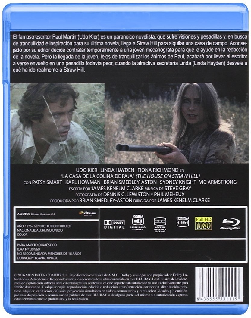 Contraportada de caja de Blu-ray azul con texto en español, dos fotogramas, reparto e información técnica.