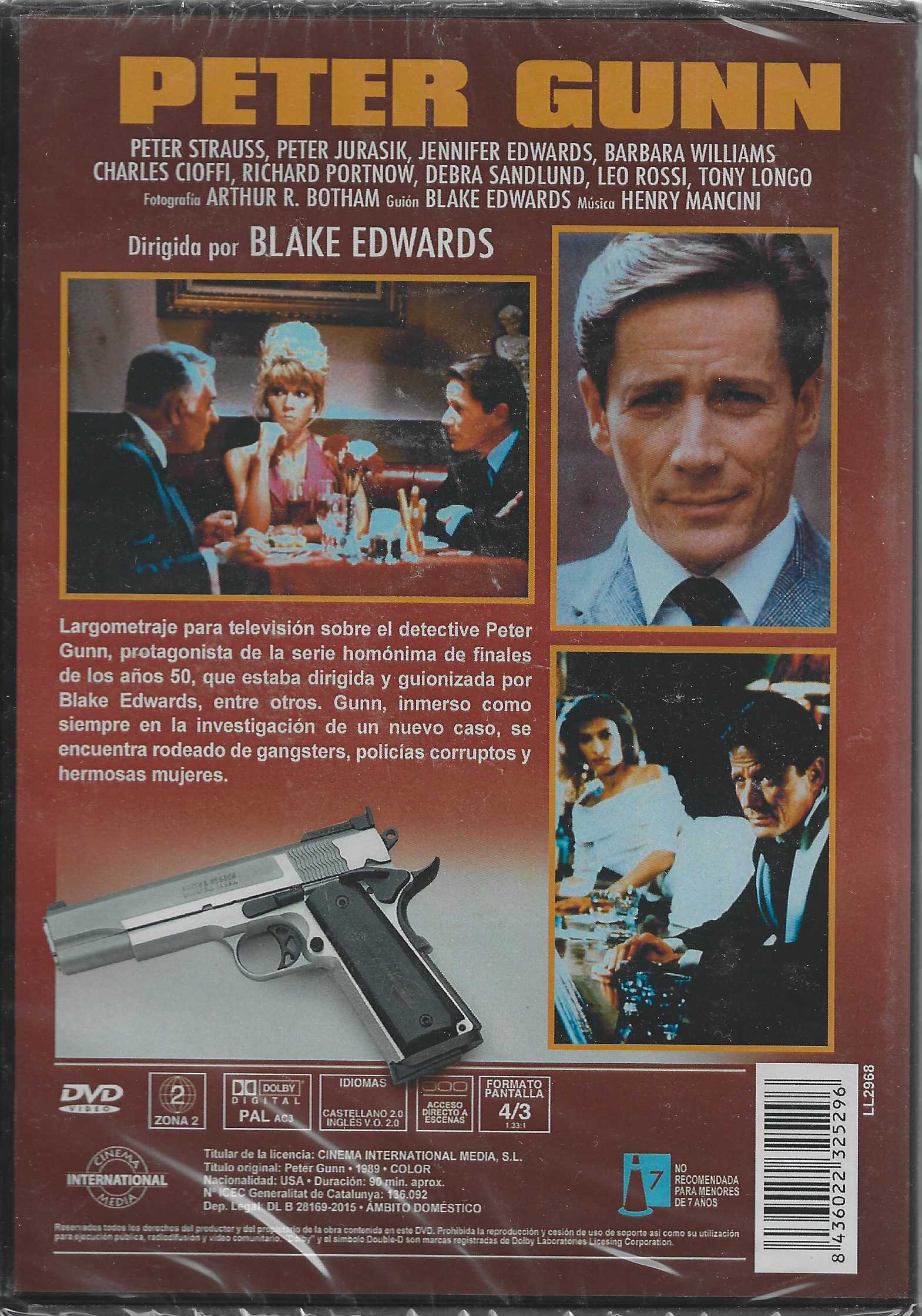 Contraportada del DVD de Peter Gunn con fotogramas, gráfico de pistola y resumen.