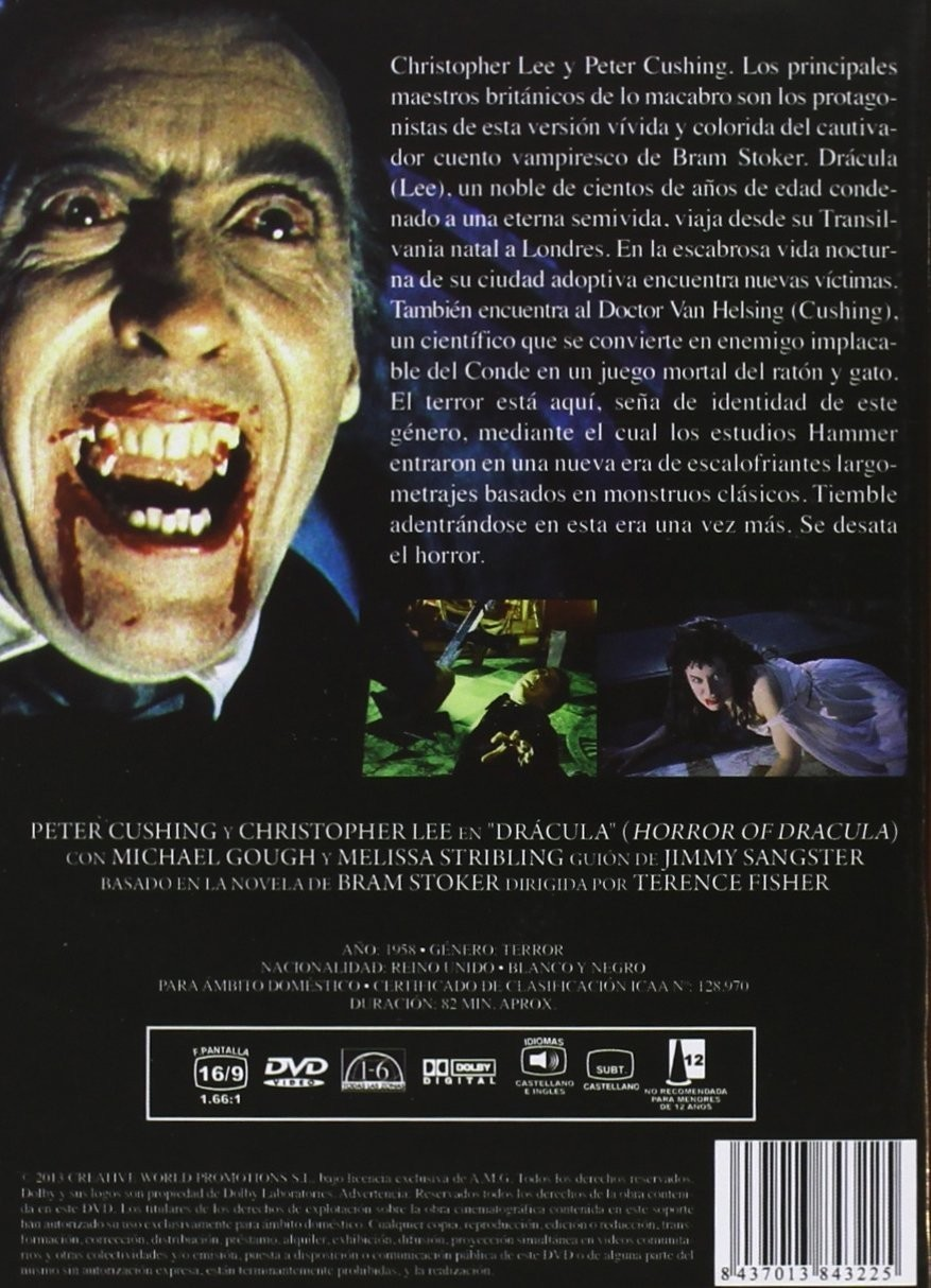 Contraportada de DVD con Christopher Lee como Drácula ensangrentado, fotogramas, texto y códigos de barras.