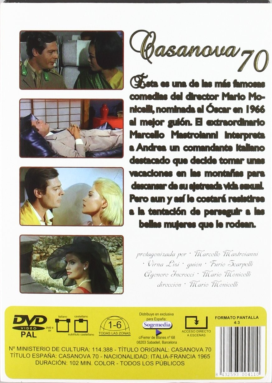 Contraportada del DVD de Casanova 70 con fotogramas, descripción en español y franja amarilla inferior.