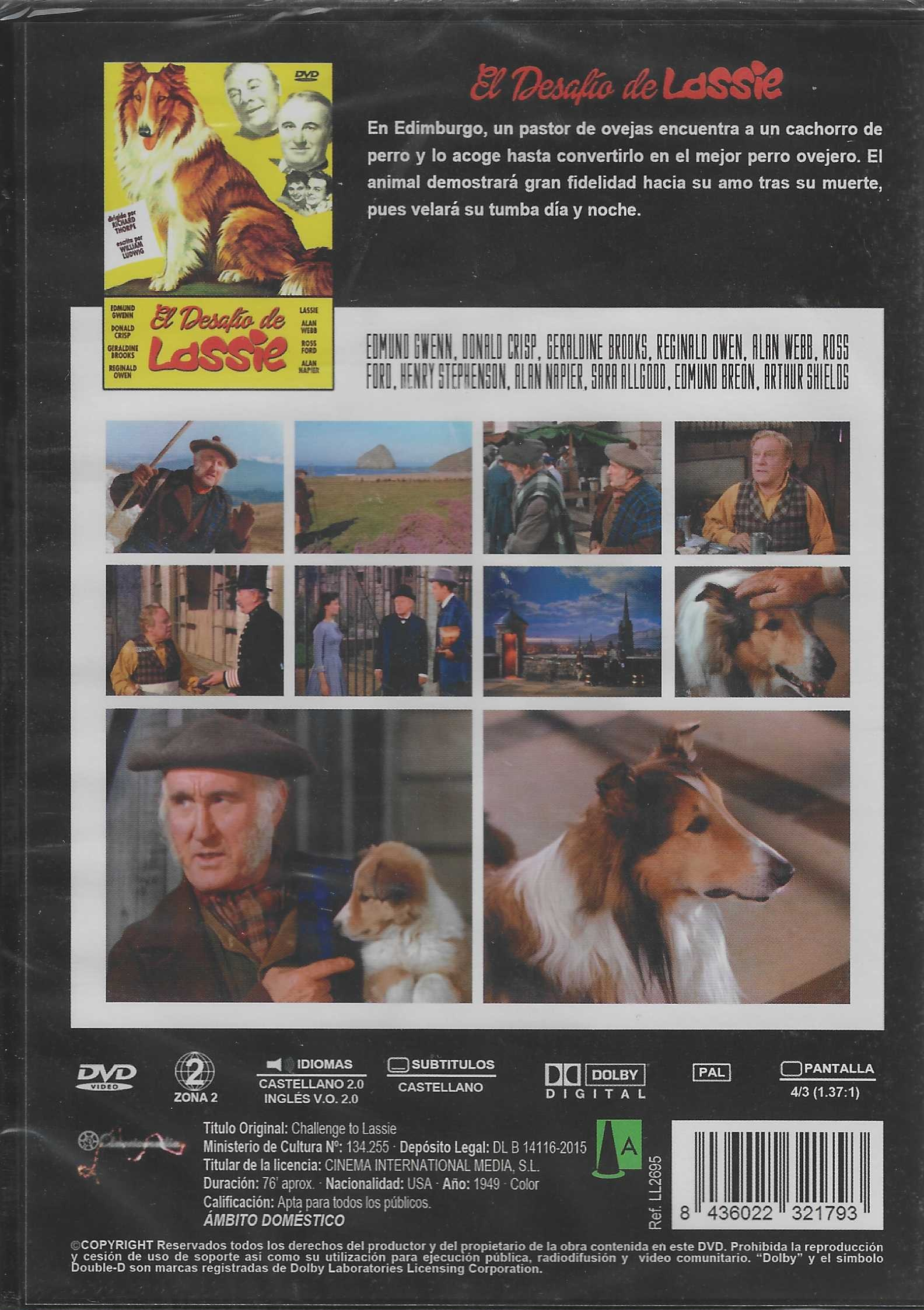 Carátula del DVD Challenge to Lassie con fotogramas, texto en español y detalles técnicos.
