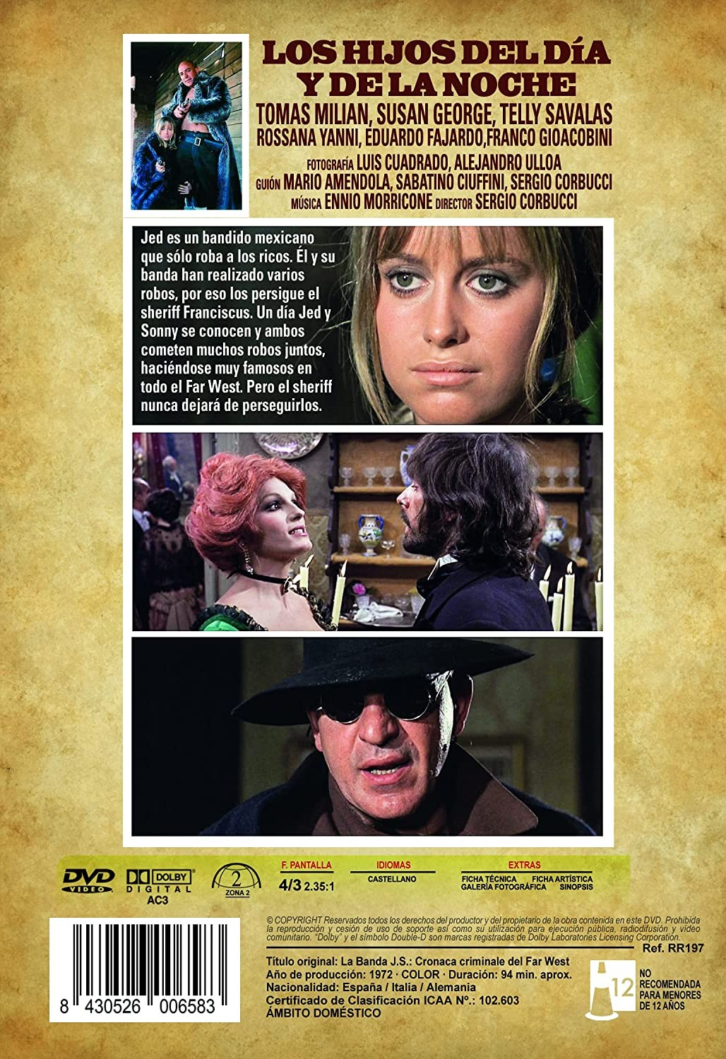 Contraportada de DVD con escenas de la película, sinopsis en español y código de barras sobre fondo amarillo.