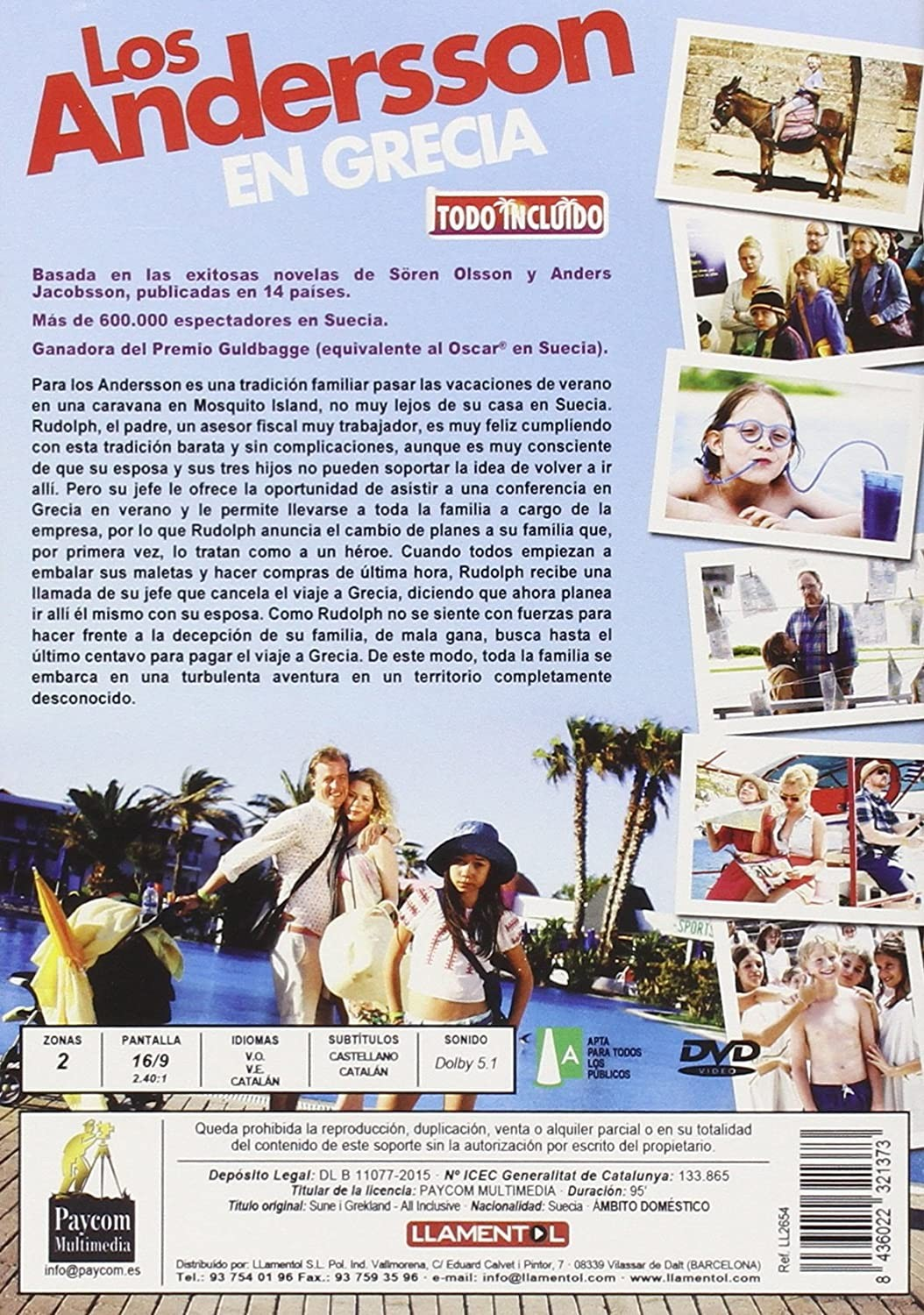 Carátula de la película Los Andersson en Grecia con texto y fotos en fondo azul.