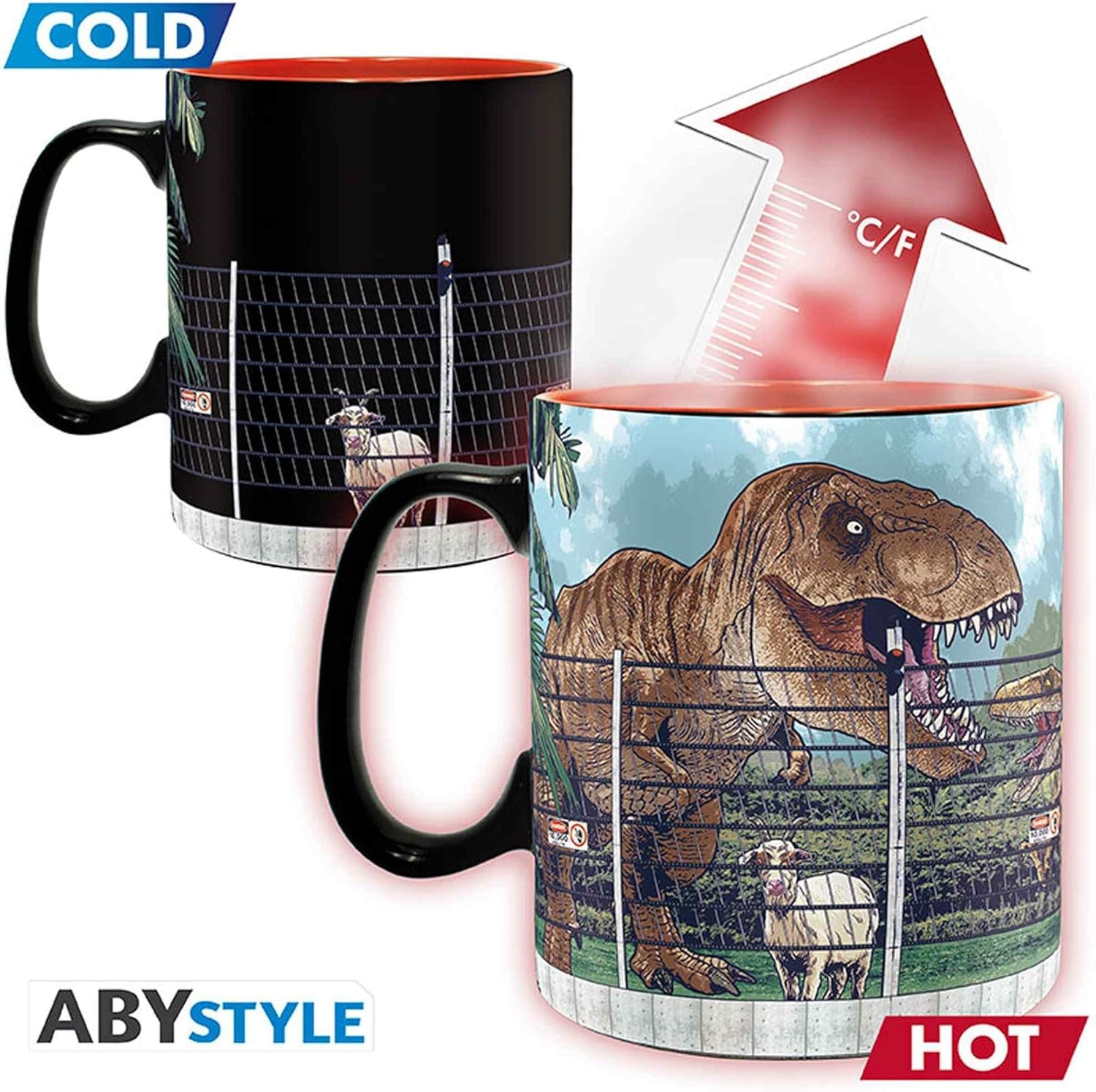 Una taza termosensible que muestra una cabra de noche y un T-Rex caliente.